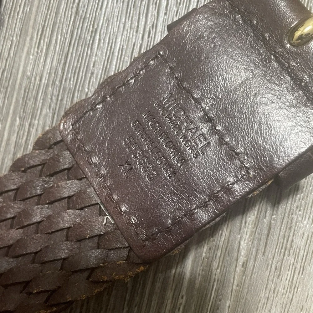 MICHAEL Michael Kors Brown Gold Braided Leather Belt XL Boho Woven MK Charm Wide
